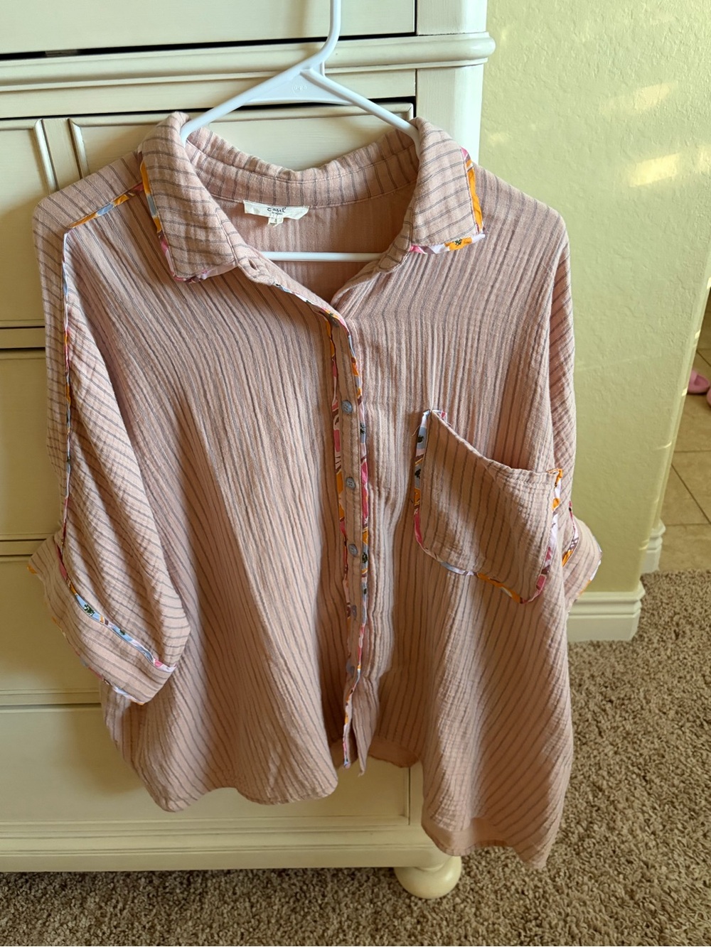 Light Pink Button-Up Blouse with Floral Trim